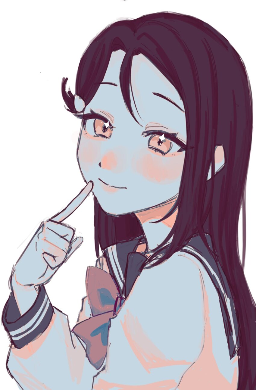 1girl, commentary, diamond_(shape), finger_to_mouth, hair_ornament, hairclip, highres, light_smile, long_hair, long_sleeves, looking_at_viewer, love_live!, love_live!_sunshine!!, neck_ribbon, orange_eyes, red_hair, red_ribbon, ribbon, sakurauchi_riko, school_uniform, sparkle, sparkling_eyes, stew_youbi, uranohoshi_school_uniform, winter_uniform