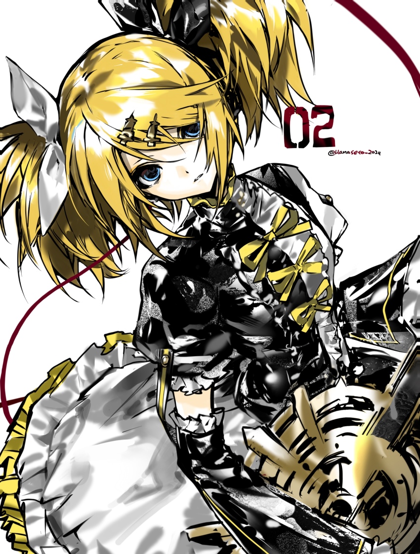 1girl, absurdres, black_dress, black_ribbon, black_sleeves, blonde_hair, blue_eyes, chinese_commentary