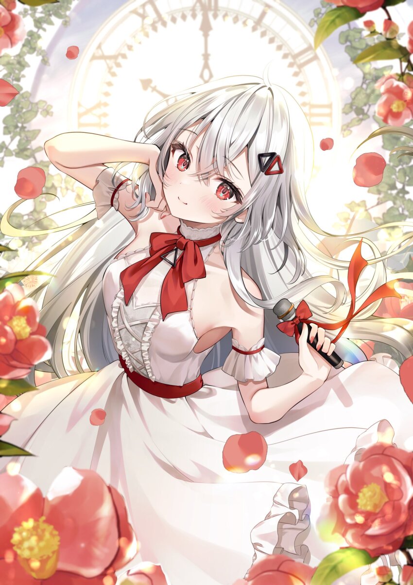 1girl, bare_shoulders, breasts, dress, flower, frilled_dress, frills, hair_between_eyes