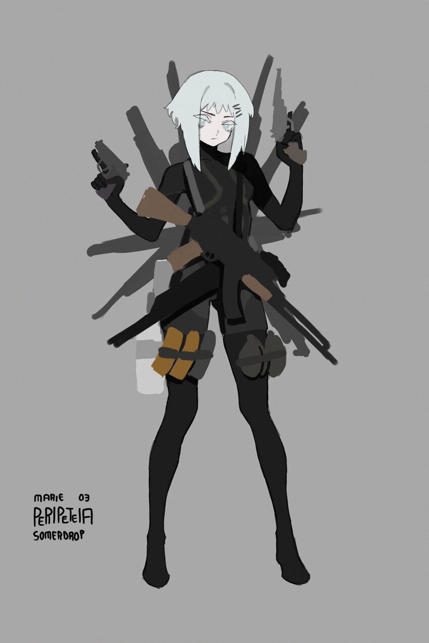1girl, absurdres, ak-47, aqua_eyes, arms_up, artist_name, assault_rifle, asymmetrical_dual_wielding