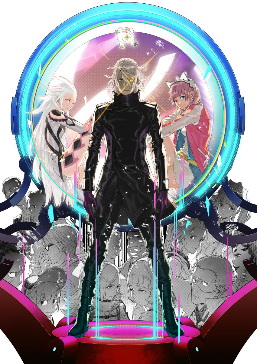 6+boys, 6+girls, absurdres, ai_the_somnium_files, aiba_(ai_the_somnium_files), animal_ears, baseball_cap, belt, black_footwear, black_jacket, black_pants, blue_eyes, boss_(ai_the_somnium_files), brown_eyes, cat_ears, closed_mouth, commentary_request, date_kaname, doi_amame, earrings, eyelashes, fake_animal_ears, from_side, full_body, glasses, glitch, gloves, glowing, hat, heterochromia, high_collar, highres, jacket, jewelry, key_visual, kozaki_yuusuke, kumakura_moma, kumakura_rouhan, long_hair, long_sleeves, matsushita_ota, multicolored_hair, multiple_boys, multiple_girls, official_art, oishi_osamu, okiura_mizuki, okiura_renjuu, one-eyed, open_clothes, open_jacket, pants, pewter_(ai_the_somnium_files), pink_hair, pink_jacket, ponytail, portrait, promotional_art, purple_gloves, red_eyes, red_hair, sagan_hitomi, sagan_iris, sejima_sou, shirt, shoes, short_hair, sitting, skirt, smile, standing, streaked_hair, twintails, upper_body, wagai_chinpei, white_background, white_hair, white_shirt, white_skirt, yellow_belt, yellow_eyes, yogano_dokuta