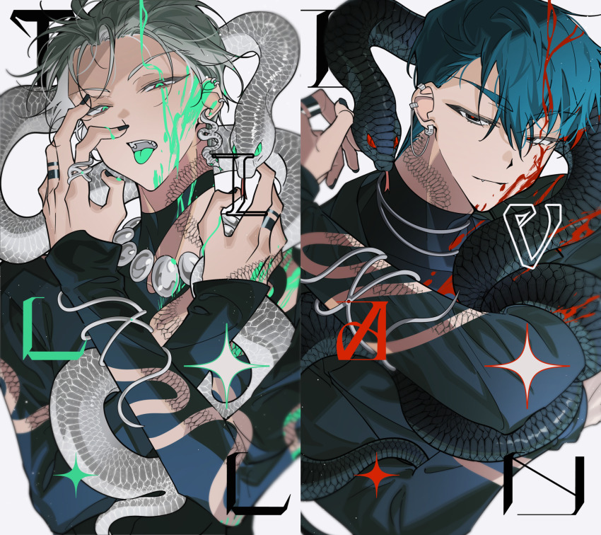 2boys, alien_stage, alternate_costume, aqua_eyes, aqua_tongue, black_eyes, black_nails, black_shirt
