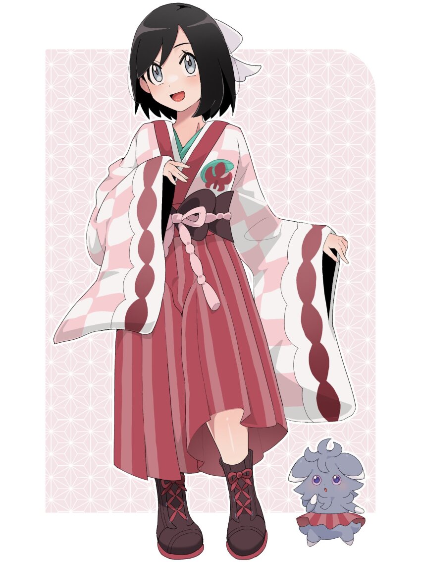 1boy, :d, black_hair, boots, calem_(pokemon), commentary_request, cosplay, crossdressing