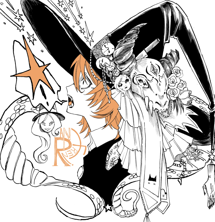1boy, 1girl, absurdres, animal, commentary_request, hat, highres, looking_to_the_side, nana_(randal's_friends), open_mouth, orange_hair, orange_theme, randal's_friends, randal_ivory, sharp_teeth, skull, snake, spot_color, star_(symbol), teeth, unoharu403, witch_hat