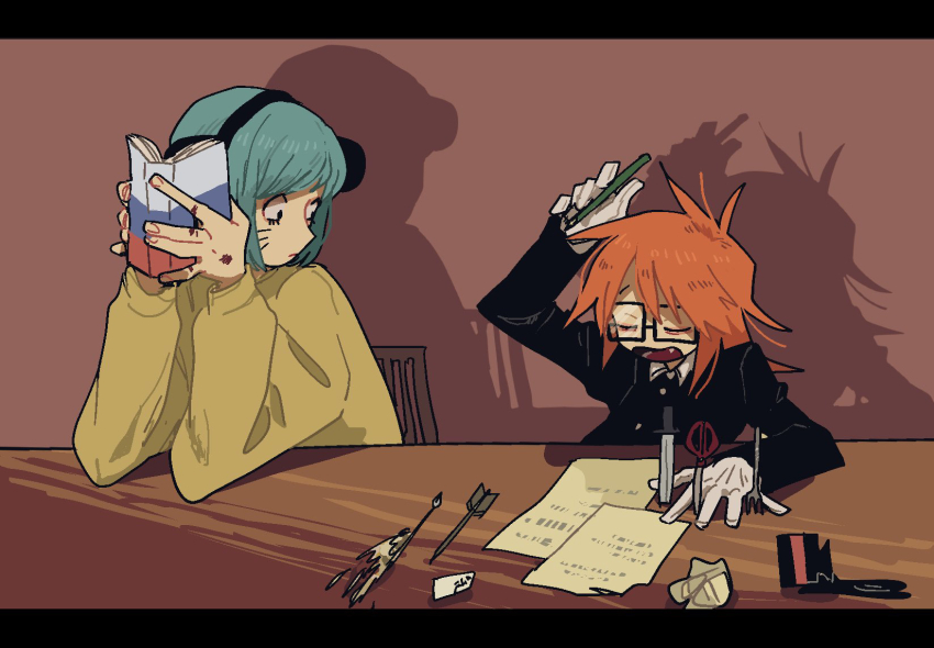 2boys, arrow_(projectile), black_eyes, blood, blood_on_hands, blue_hair, book, brown_background