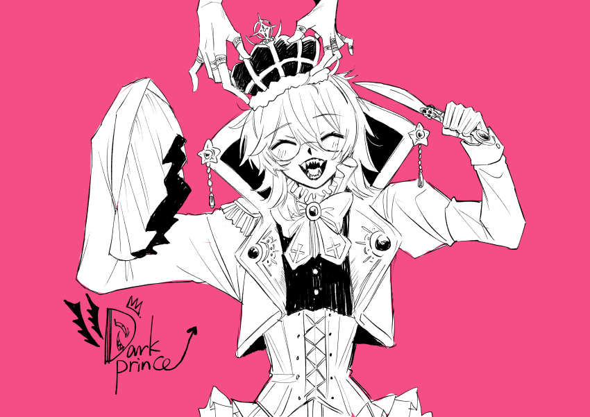 2boys, absurdres, asymmetrical_sleeves, closed_eyes, commentary_request, corset, cropped_jacket, crown