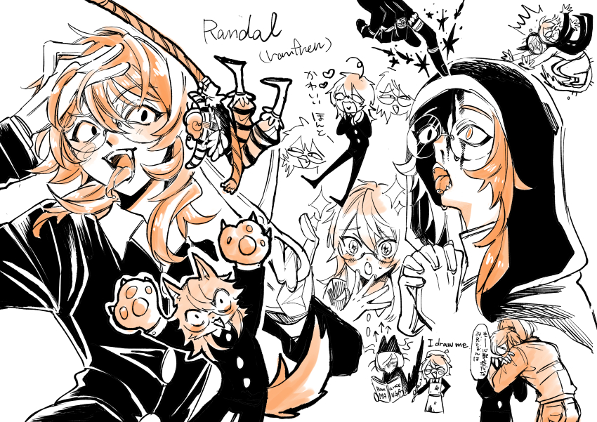 5boys, absurdres, cat_boy, cat_tail, commentary_request, fangs, furrification, furry