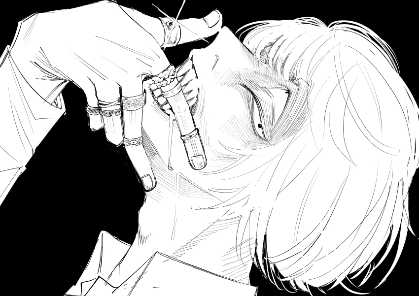 1boy, absurdres, commentary_request, drooling, extra_eyes, glint, greyscale, hand_up