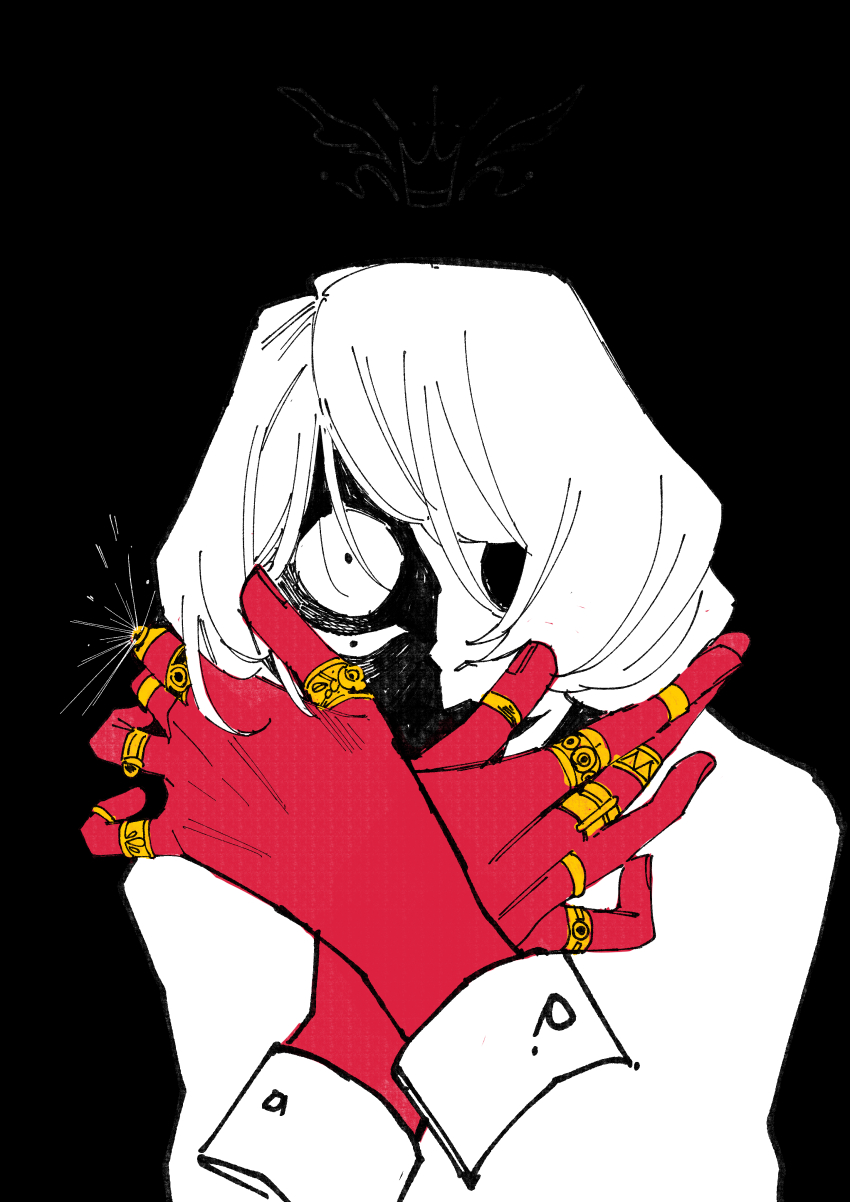 1boy, absurdres, black_background, commentary_request, extra_eyes, glint, hands_up, highres