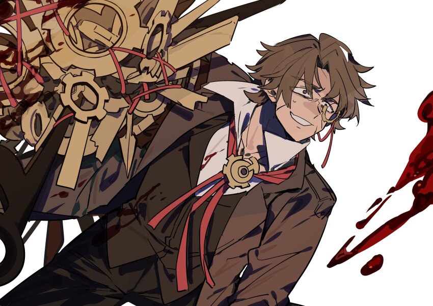 1boy, asymmetrical_inertia_(e.g.o), blood, blood_on_clothes, brown_coat, brown_hair, brown_pants, brown_vest, chinese_commentary, coat, collared_shirt, cowboy_shot, e.g.o_(project_moon), gears, grin, heathcliff_(project_moon), highres, itokenaikei, limbus_company, long_sleeves, looking_ahead, male_focus, monocle, open_mouth, pants, project_moon, purple_eyes, scar, scar_on_face, shirt, short_hair, simple_background, smile, solo, sweatdrop, vest, white_background, white_shirt, wide-eyed