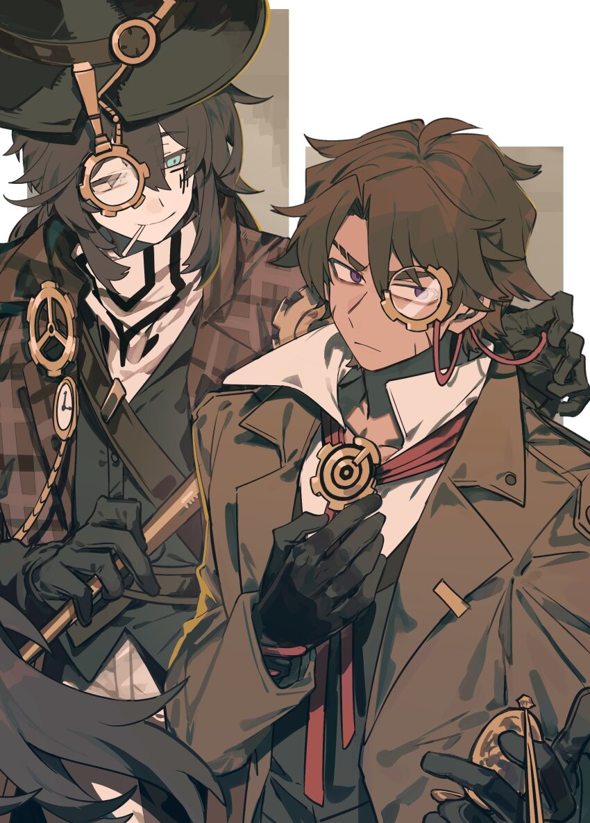 2boys, absurdres, asymmetrical_inertia_(e.g.o), black_gloves, black_hair, black_hat, black_vest, blue_eyes