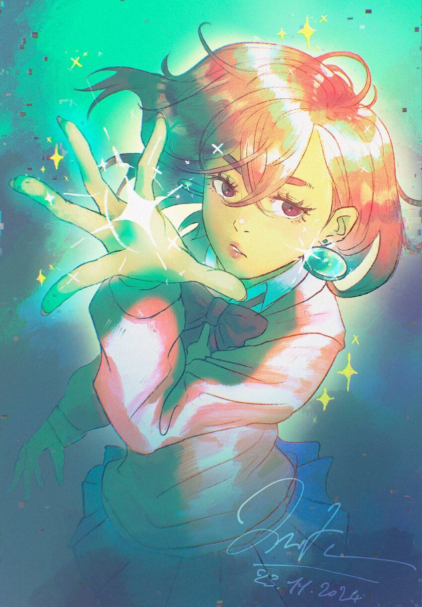 1girl, ayase_momo, blue_skirt, bow, bowtie, commentary, dandadan, dated