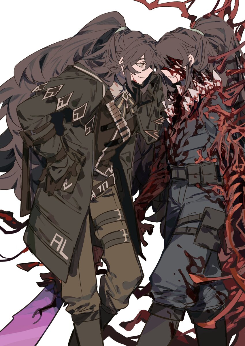 2boys, absurdres, bandolier, belt, belt_pouch, black_coat, black_footwear, black_gloves