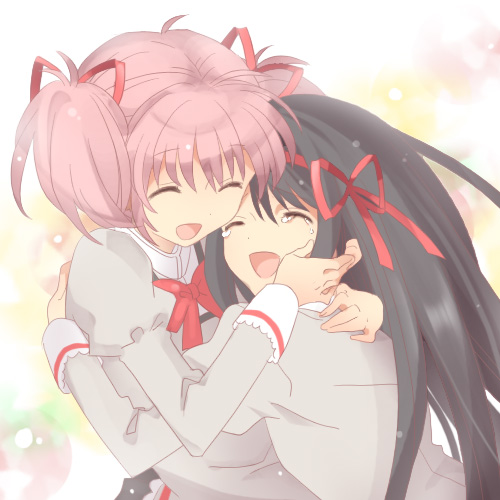 10s, 2girls, akemi_homura, bad_id, bad_pixiv_id, black_hair, hair_ribbon, hug