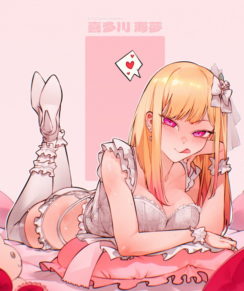 1girl, ass, bed_sheet, blonde_hair, blush, bow, breasts, bridal_lingerie