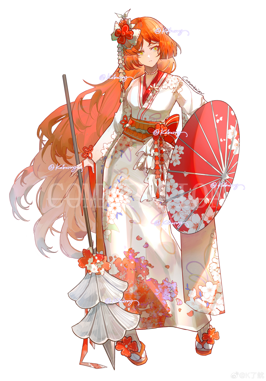 1girl, absurdres, floral_print, floral_print_kimono, full_body, hair_ornament, highres, holding, holding_weapon, ishmael_(project_moon), japanese_clothes, jewelry, kanzashi, kimono, koroy, limbus_company, long_hair, necklace, obi, orange_hair, pearl_necklace, print_kimono, project_moon, sash, simple_background, solo, umbrella, very_long_hair, weapon, white_background