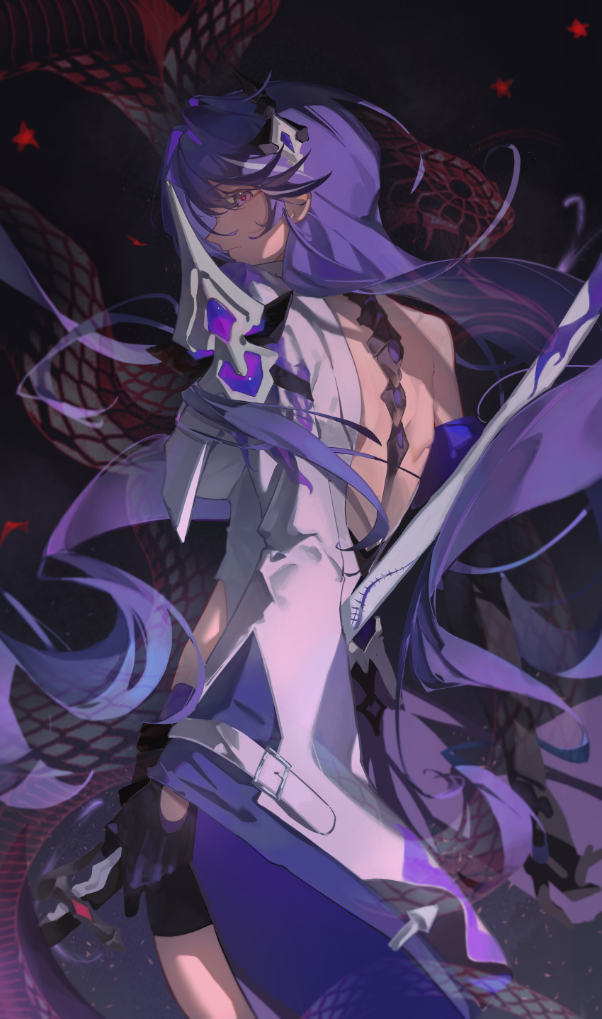 1girl, absurdres, acheron_(honkai:_star_rail), armor, asymmetrical_sleeves, black_gloves, chinese_commentary, closed_mouth