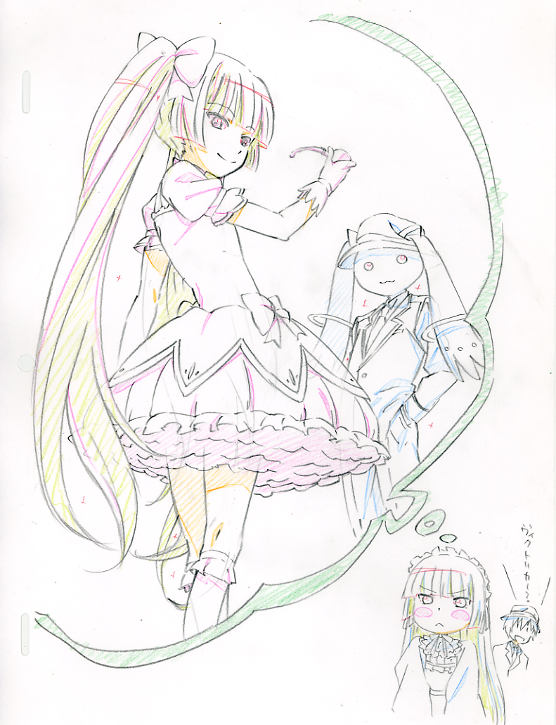 1boy, 2girls, :<, alternate_hairstyle, blush_stickers, cosplay, crossover, gosick