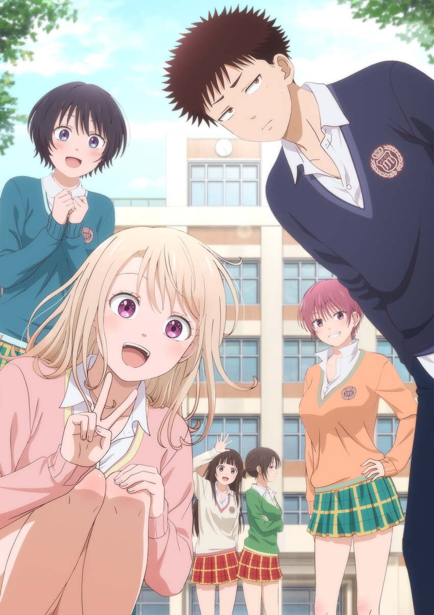 1boy, 5girls, :d, analog_clock, aqua_sweater, arched_bangs, arm_at_side, arm_up