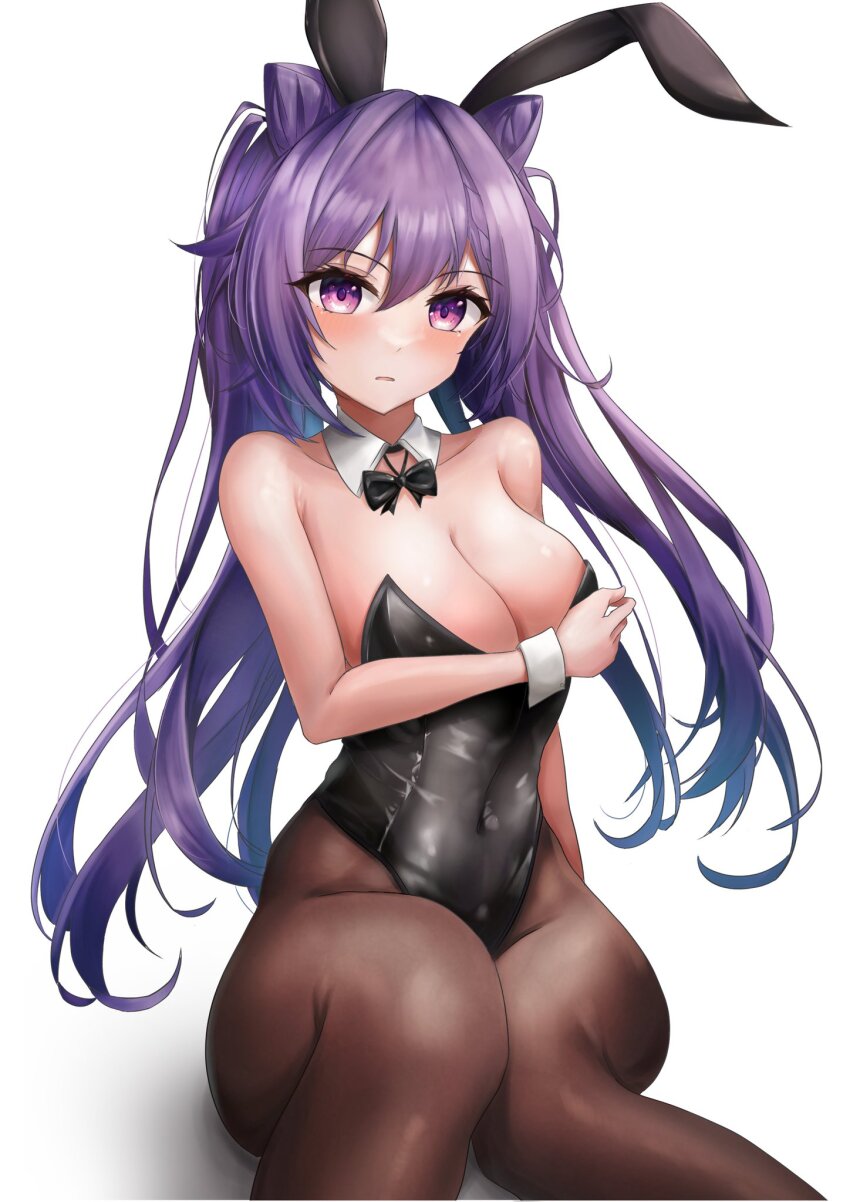 1girl, alternate_costume, animal_ears, bare_shoulders, bellko_(rbb), black_bow, black_bowtie, black_pantyhose, blush, bow, bowtie, breasts, cleavage, collar, collarbone, commentary_request, cone_hair_bun, covered_navel, detached_collar, double_bun, fake_animal_ears, genshin_impact, hair_between_eyes, hair_bun, highres, keqing_(genshin_impact), large_breasts, long_hair, looking_at_viewer, paid_reward_available, pantyhose, parted_lips, playboy_bunny, purple_eyes, purple_hair, sitting, solo, twintails, very_long_hair, waity_awa, white_collar, white_wrist_cuffs, wrist_cuffs