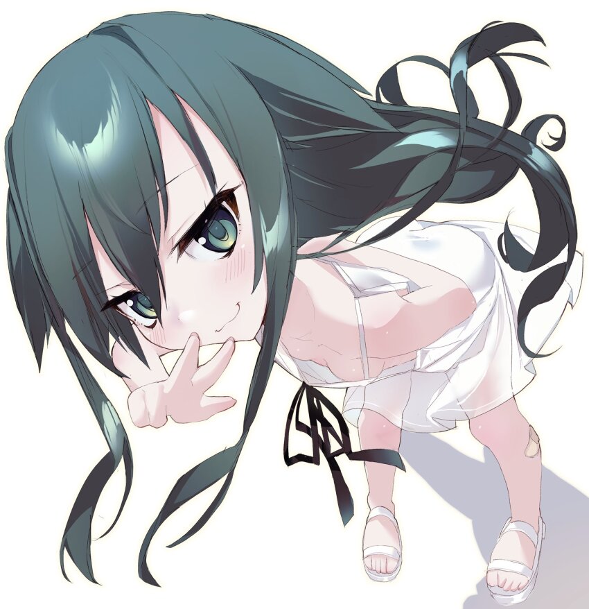 1girl, :3, arm_behind_back, bandaid, bandaid_on_leg, black_hair, blush, breasts, closed_mouth, commentary, dizzy_(nadecola9), downblouse, dress, floating_hair, foreshortening, from_above, full_body, green_eyes, hair_between_eyes, hand_up, highres, leaning_forward, long_hair, looking_at_viewer, no_bra, pov, sandals, saya_(saya_no_uta), saya_no_uta, sidelocks, simple_background, sleeveless, sleeveless_dress, small_breasts, smile, solo, spaghetti_strap, standing, sundress, toes, w, white_background, white_dress