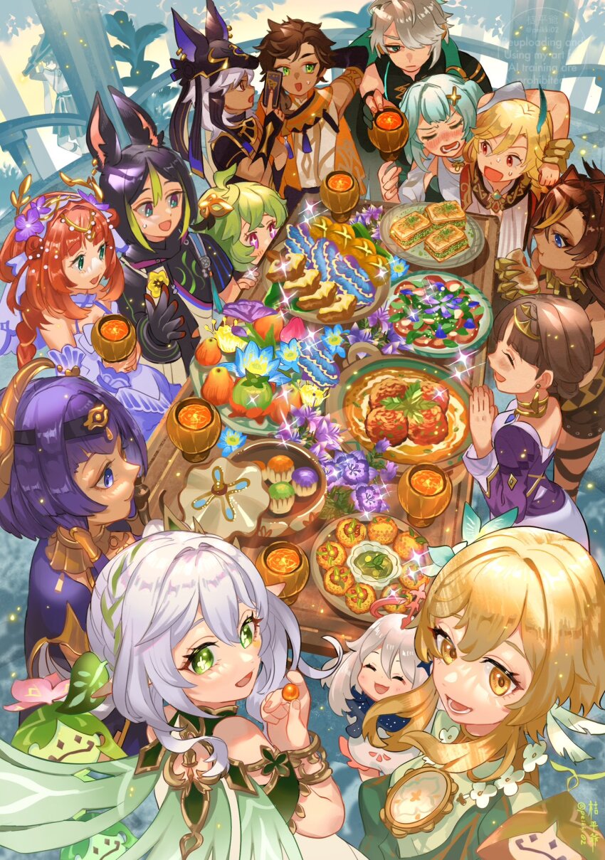 +_+, 6+boys, 6+girls, :d, ^_^, ahoge, alhaitham_(genshin_impact), animal_ears