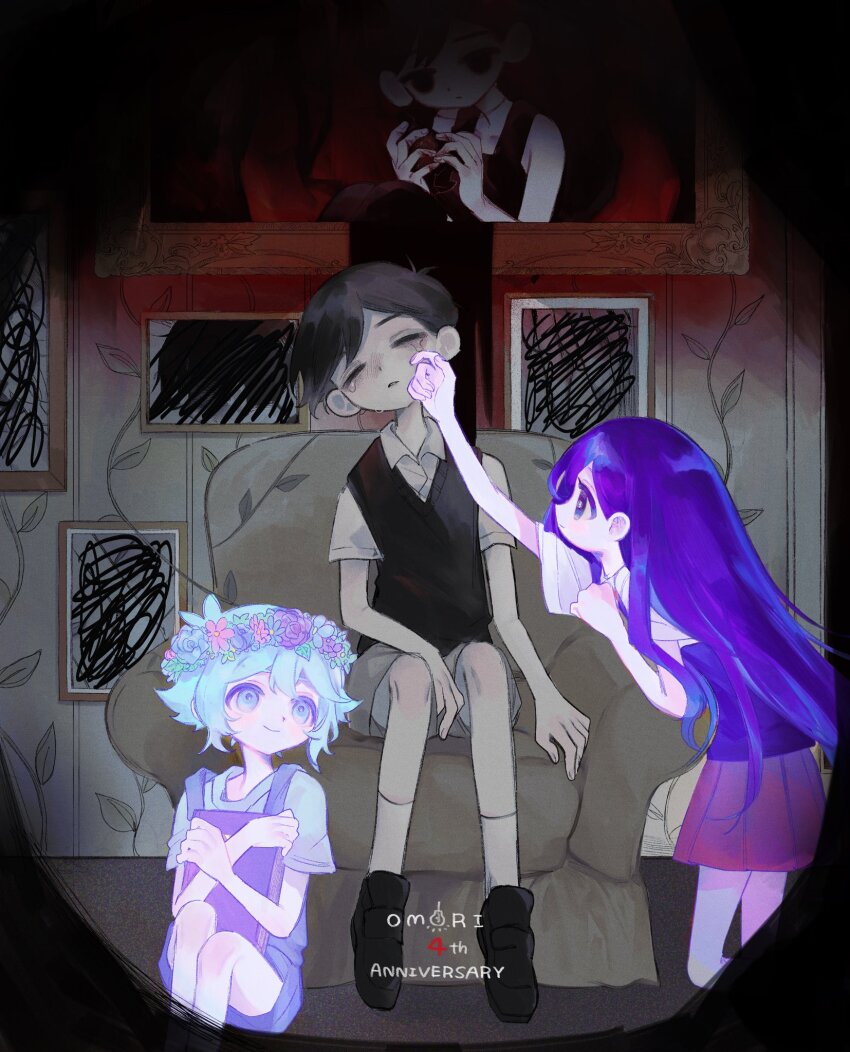 1girl, 3boys, anniversary, basil_(headspace)_(omori), basil_(omori), black_eyes, black_footwear, black_hair