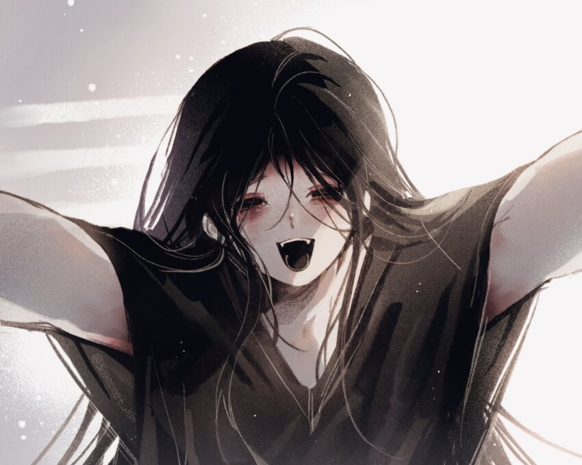 1boy, black_eyes, black_hair, black_kimono, from_below, grey_background, highres, homicipher, japanese_clothes, kimono, long_hair, male_focus, mr._crawling, pov, solo, sweeeet_him