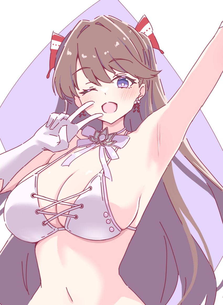 1girl, ;d, adapted_costume, arm_up, armpits, aurora_flower_(love_live!), bikini, blush, breasts, brown_hair, butterfly_hair_ornament, cleavage, collarbone, commentary_request, cross-laced_bikini, cross-laced_clothes, fujishima_megumi, hair_intakes, hair_ornament, halterneck, highres, large_breasts, link!_like!_love_live!, long_hair, looking_at_viewer, love_live!, navel, neck_ribbon, one_eye_closed, open_mouth, purple_background, purple_eyes, purple_ribbon, ribbon, rokoroko_65, simple_background, smile, solo, swimsuit, two_side_up, upper_body, v, v_over_mouth, very_long_hair, virtual_youtuber, white_bikini