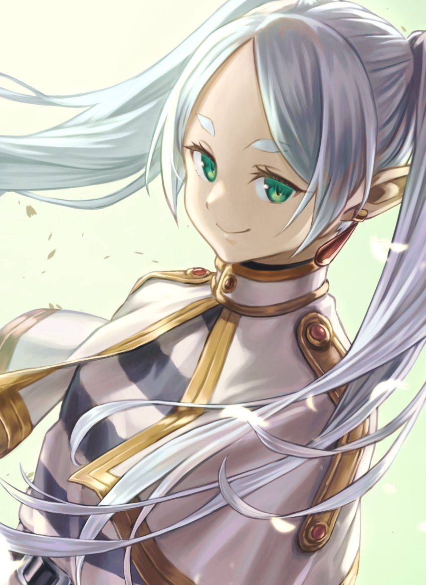 1girl, capelet, commentary_request, earrings, elf, frieren, green_eyes, highres