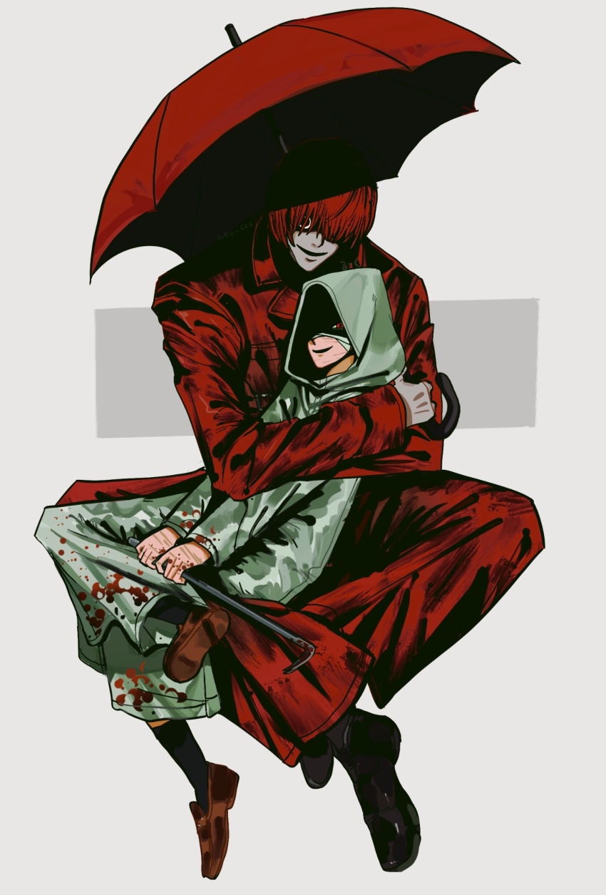 1boy, 1girl, black-framed_eyewear, blood, blood_on_clothes, coat, commentary, crossed_legs, crowbar, english_commentary, grey_background, adashino_adami, hetero, highres, holding, holding_crowbar, holding_umbrella, homicipher, hug, looking_at_viewer, luku_666, mr._scarletella, raincoat, red_coat, red_eyes, red_hair, red_umbrella, shaded_face, short_hair, sitting, sitting_on_lap, sitting_on_person, umbrella
