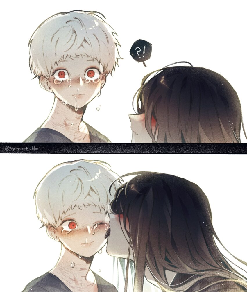 1boy, 1girl, black_hair, black_tongue, blood, blood_on_face, crying, crying_with_eyes_open