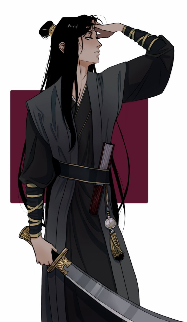 1boy, black_hair, black_hanfu, chinese_clothes, closed_mouth, feet_out_of_frame, folded_fan, folding_fan