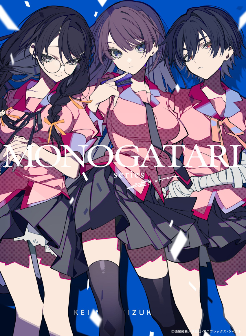 3girls, artist_name, bandaged_arm, bandages, bike_shorts, black_hair, black_thighhighs, blue_background