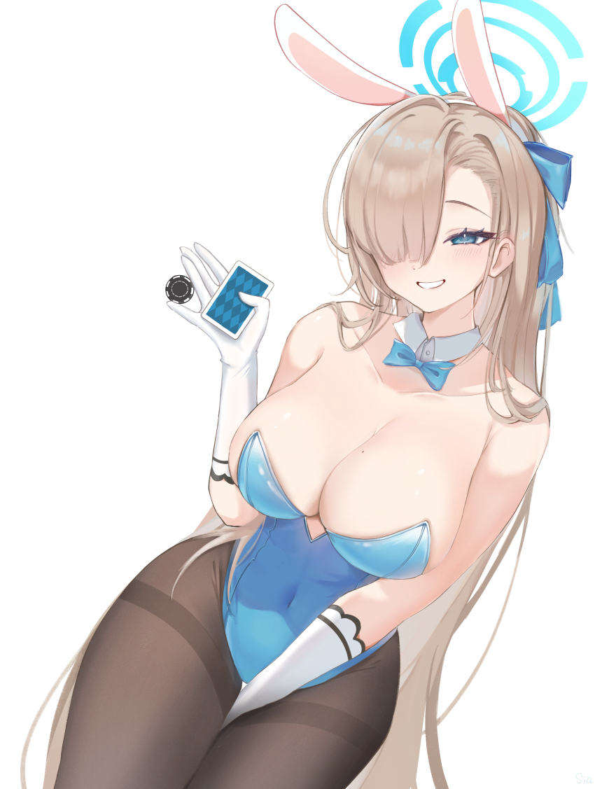 1girl, absurdres, animal_ear_hairband, animal_ears, asuna_(blue_archive), asuna_(bunny)_(blue_archive), bare_shoulders, between_legs