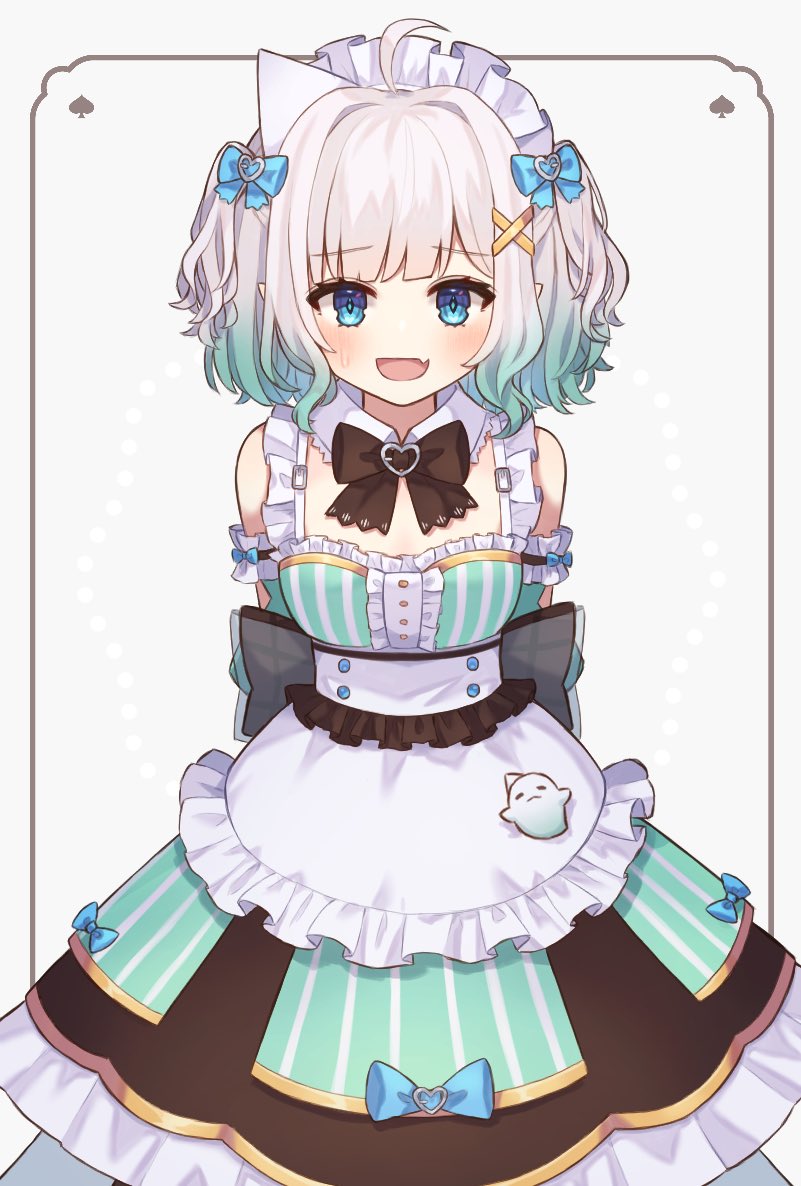 1girl, akatanotaki, aqua_dress, aqua_hair, arms_behind_back, blue_eyes, bow, bowtie