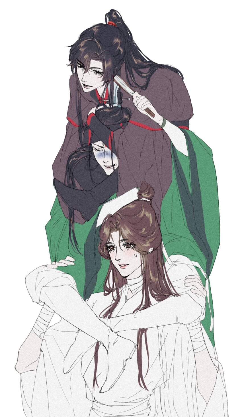 3boys, bandaged_neck, bandaged_wrist, bandages, bindi, black_hair, black_hanfu, boots