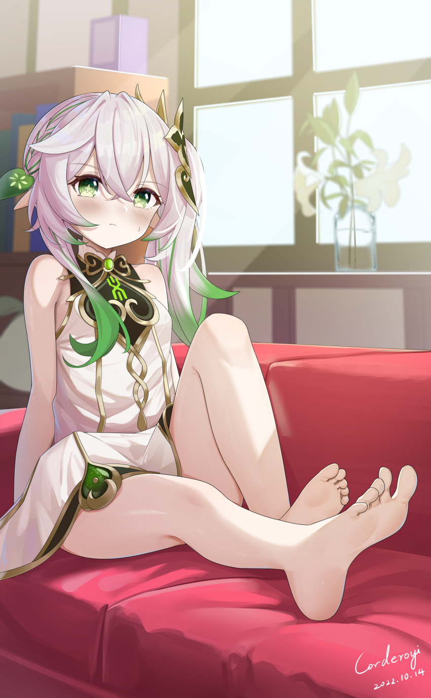 1girl, absurdres, bare_shoulders, barefoot, blush, closed_mouth, commentary, corderoy