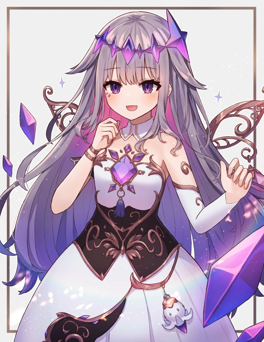 1girl, akatanotaki, asymmetrical_sleeves, chest_jewel, cowboy_shot, dress, floating_gem, grey_hair