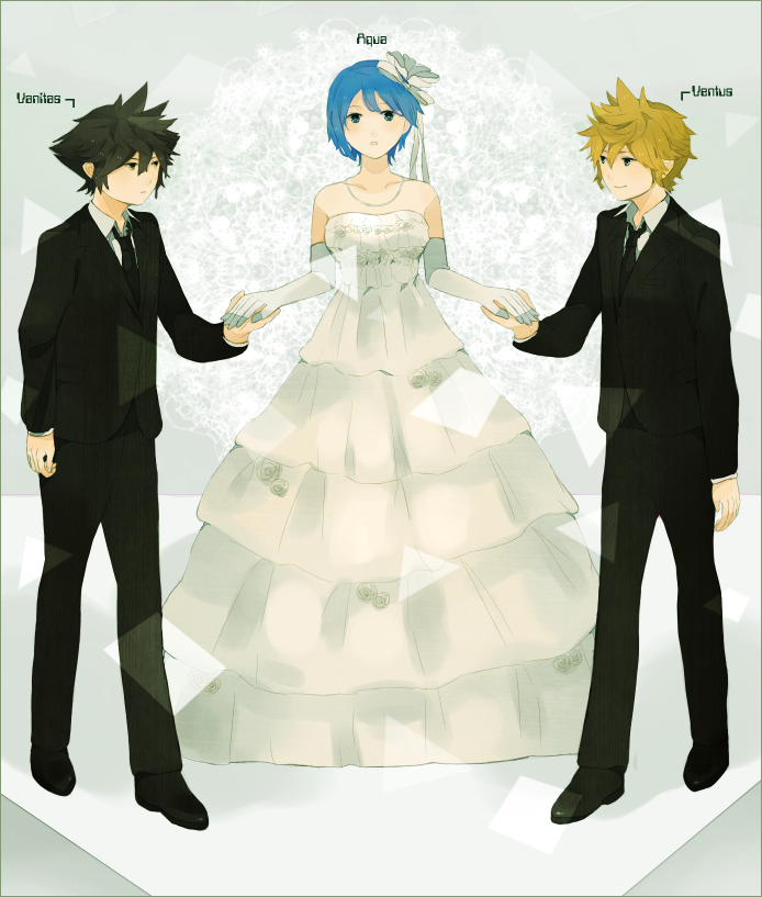 1girl, 2boys, aqua_(kingdom_hearts), bad_id, bad_pixiv_id, black_hair, blonde_hair, blue_eyes, blue_hair, character_name, dress, gloves, hair_ornament, jewelry, kingdom_hearts, kingdom_hearts_birth_by_sleep, md5_mismatch, multiple_boys, necklace, sana423, short_hair, spoilers, tuxedo, vanitas_(kingdom_hearts), ventus_(kingdom_hearts), wedding_dress, white_gloves, yellow_eyes