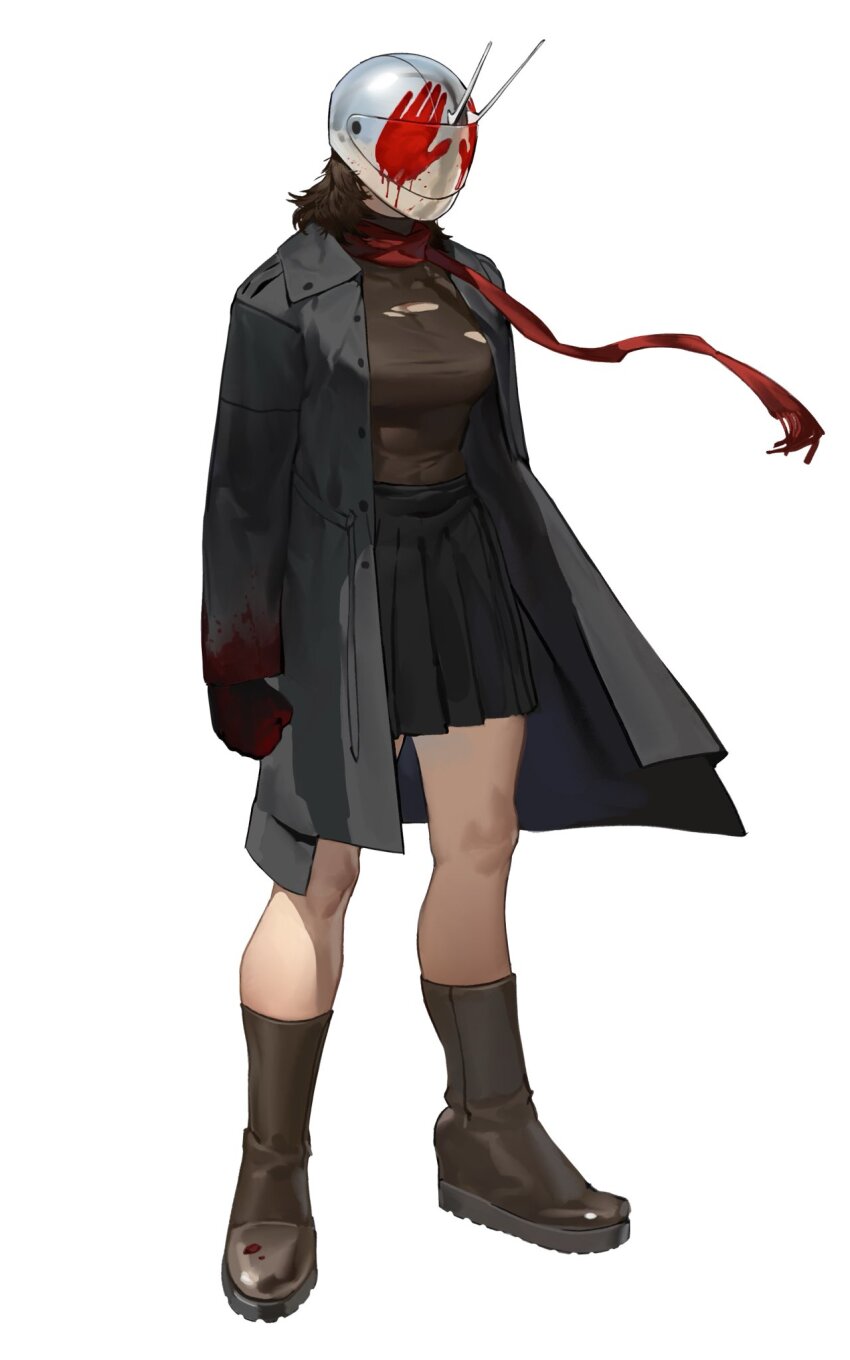 1girl, blood, blood_on_clothes, blood_on_gloves, blood_on_helmet, blood_on_sleeves, bloody_handprints, boots