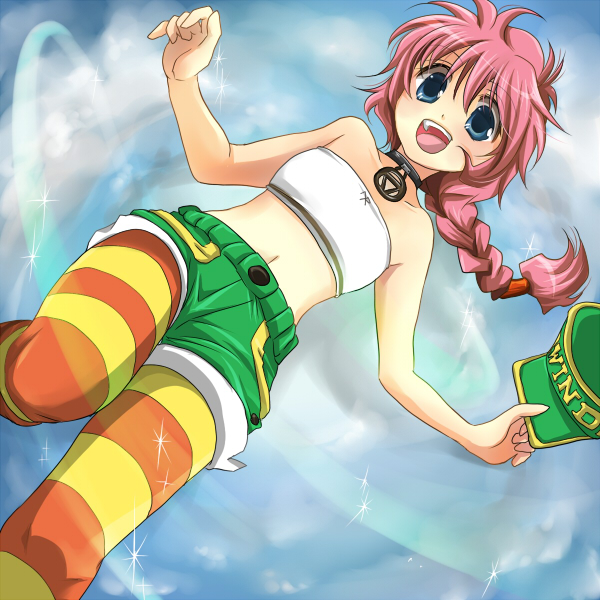 1990s_(style), 1girl, :d, ahoge, bandeau, blue_background, blue_eyes, braid, choker, cloud, crop_top, dutch_angle, female_focus, happy, hat, long_hair, messy_hair, midriff, multicolored_legwear, navel, open_mouth, orange_pantyhose, pantyhose, pantyhose_under_shorts, pink_hair, psychic_force, retro_artstyle, shorts, sky, smile, solo, sparkle, striped_clothes, striped_pantyhose, taito, tanba_anko, wendy_ryan, yellow_pantyhose