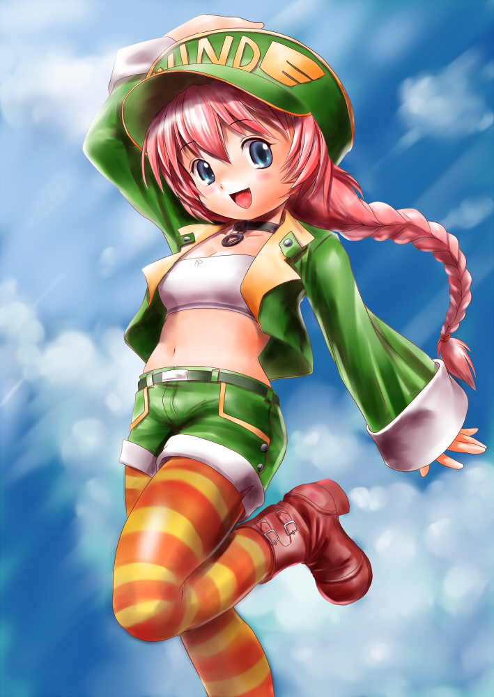 1990s_(style), 1girl, blue_background, blue_eyes, braid, choker, cloud, coat, crop_top, female_focus, hat, jacket, long_hair, midriff, moriichi, multicolored_legwear, navel, orange_pantyhose, pantyhose, pink_hair, psychic_force, retro_artstyle, shoes, shorts, sky, smile, solo, standing, standing_on_one_leg, striped_clothes, striped_pantyhose, taito, wendy_ryan, yellow_pantyhose