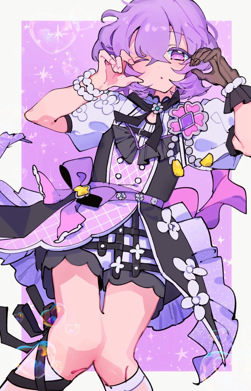 1boy, arms_up, black_gloves, black_ribbon, bow, bracelet, closed_mouth, dot_mouth, dress, ensemble_stars!, flower, frilled_gloves, frilled_skirt, frills, gloves, hair_between_eyes, hanamura_fuyume, heart, heart_hands, highres, jewelry, knees_together_feet_apart, looking_at_viewer, medium_hair, multicolored_dress, one_eye_closed, puffy_short_sleeves, puffy_sleeves, purple_bow, purple_eyes, purple_footwear, purple_hair, ribbon, short_sleeves, skirt, solo, taki_(takiki_0w0), white_flower