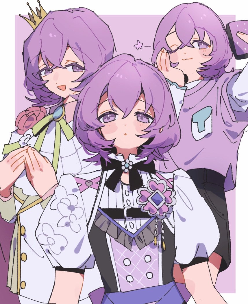 1boy, black_bow, black_shorts, border, bow, brooch, closed_mouth, collar