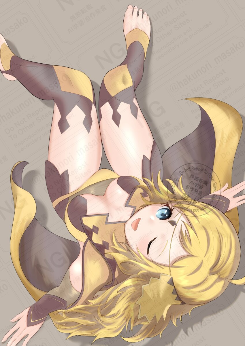 1girl, bad_dobbyyyyy, blonde_hair, blue_eyes, blush, breast_focus, breasts, chinese_text, english_text, fire_emblem, fire_emblem_fates, highres, long_hair, medium_breasts, nintendo, one_eye_closed, open_mouth, ophelia_(fire_emblem), sitting, smile, solo, thigh_focus, thighhighs, thighs, toeless_legwear, very_long_hair, wariza