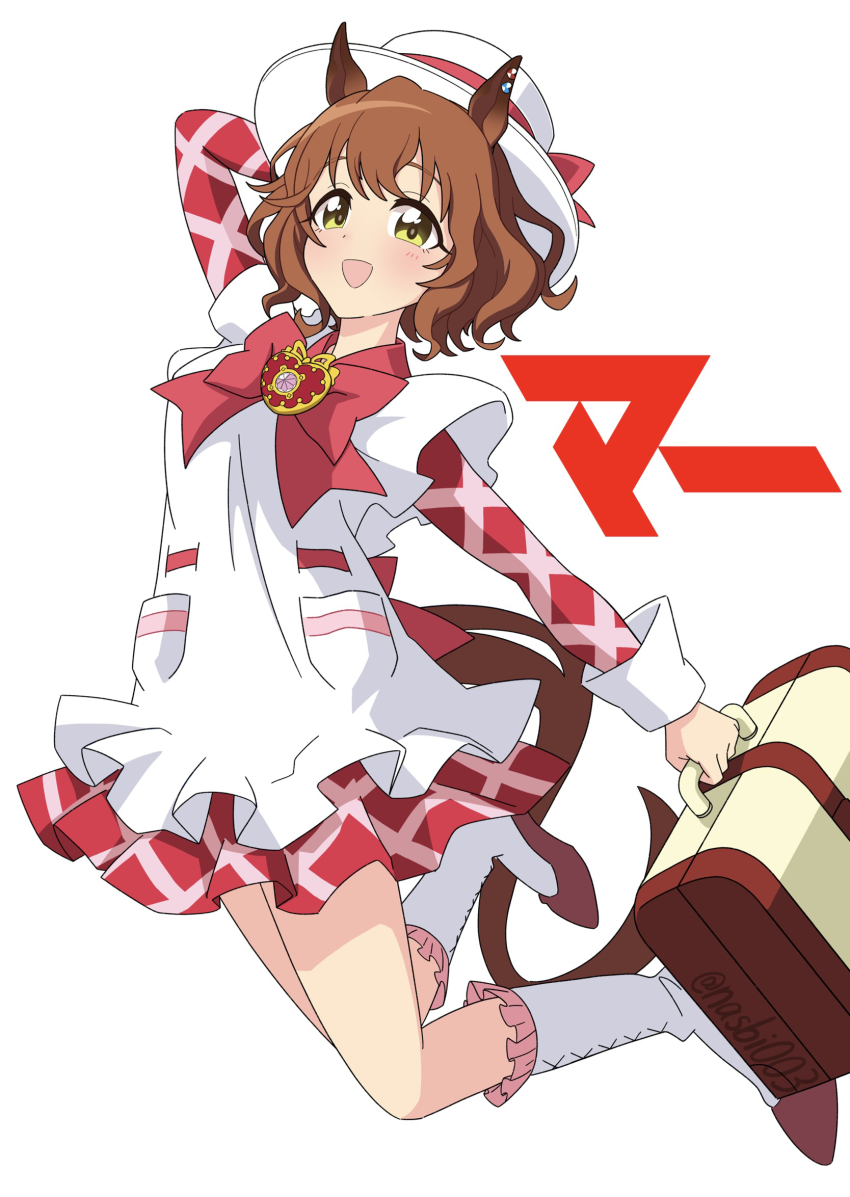 1girl, alternate_costume, animal_ears, aston_machan_(umamusume), boots, breasts, briefcase, brown_hair