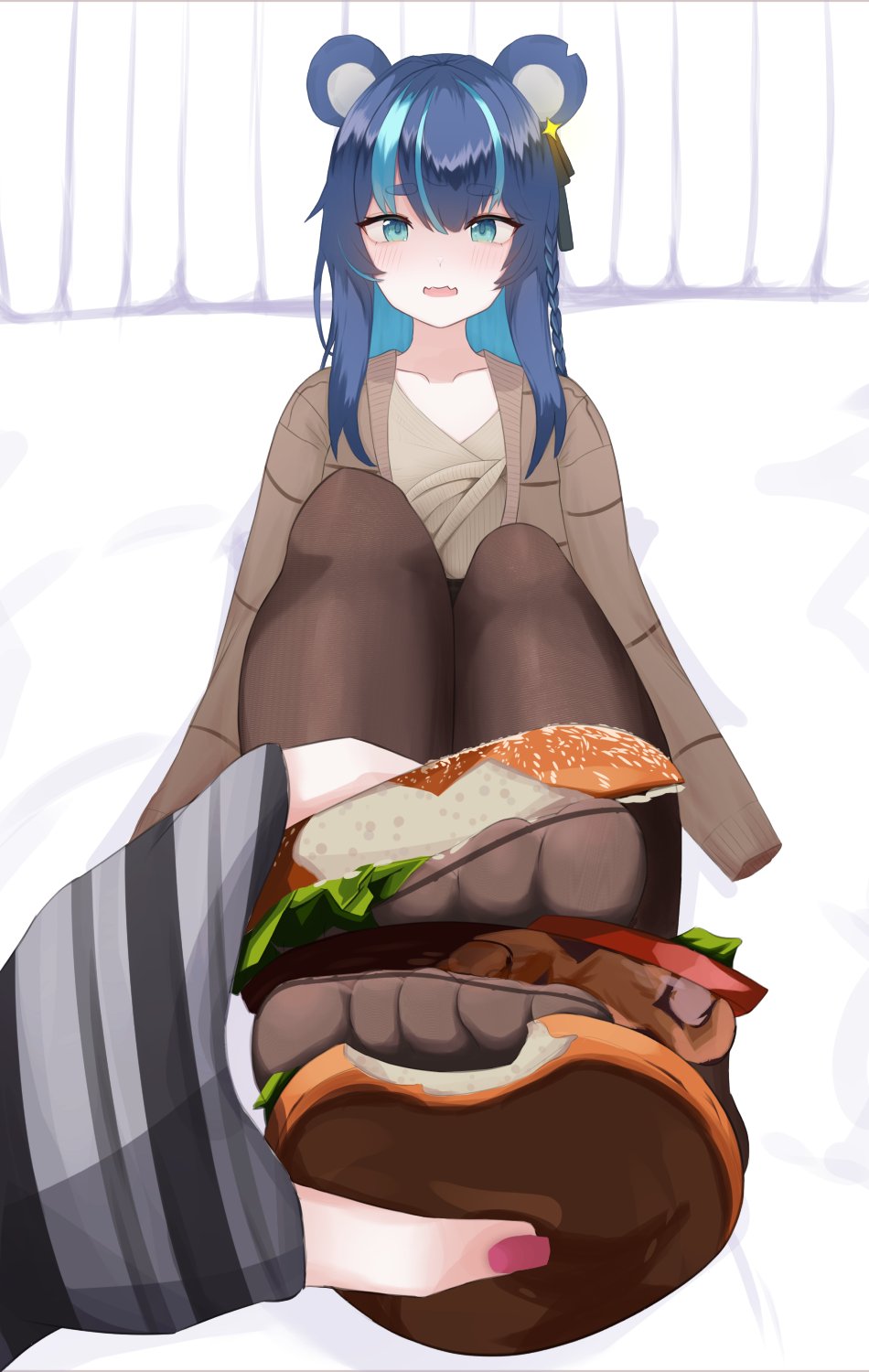 2girls, animal_ears, bear_ears, bear_girl, black_ribbon, blue_eyes, blue_hair, blush