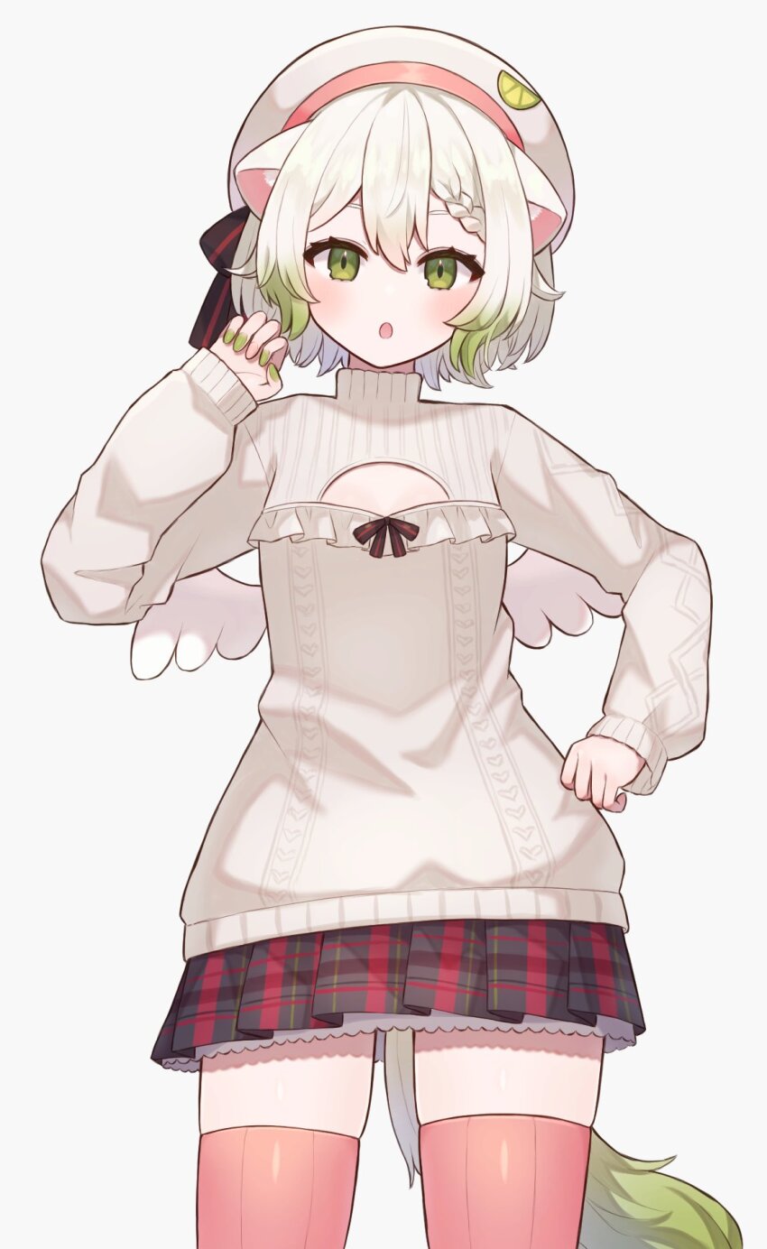 1girl, :o, akatanotaki, animal_ears, braid, cleavage_cutout, clothing_cutout, cowboy_shot, gradient_hair, green_eyes, green_hair, green_nails, hat, highres, indie_virtual_youtuber, limealicious, long_sleeves, looking_at_viewer, multicolored_hair, nail_polish, open_mouth, pink_thighhighs, pleated_skirt, short_hair, skirt, solo, sweater, thighhighs, virtual_youtuber, white_background, white_hair, white_hat, white_sweater