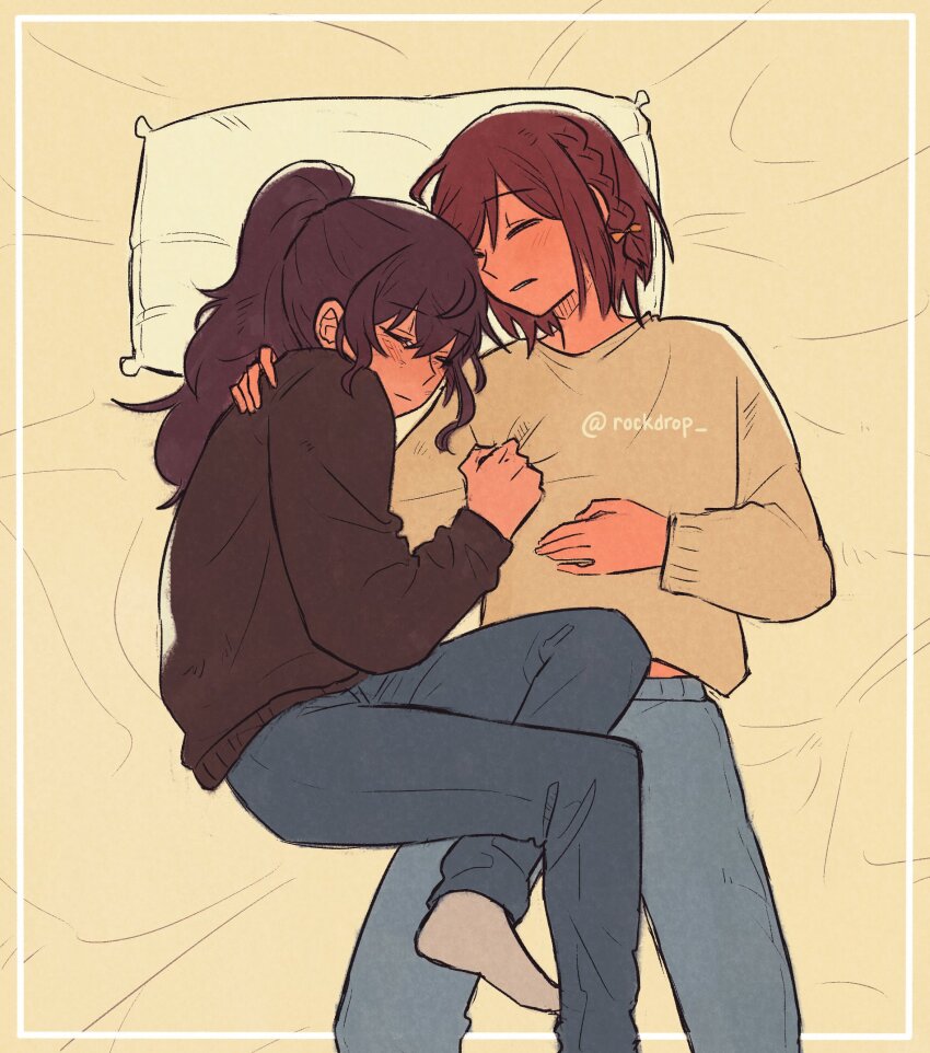 2girls, asahina_mafuyu, black_sweater, blue_pants, braid, brown_hair, closed_eyes, closed_mouth, commentary, cuddling, denim, english_commentary, from_above, hand_on_another's_shoulder, highres, jeans, long_hair, multiple_girls, on_bed, pants, parted_lips, pillow, ponytail, project_sekai, purple_hair, rockdrop, shinonome_ena, short_hair, side_braid, sleeping, sweater, yellow_sweater, yuri